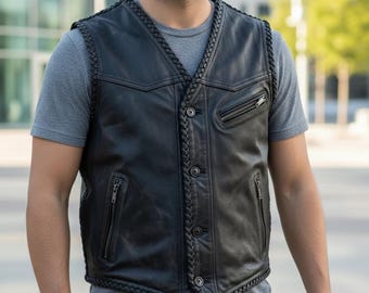 Handmade Men's Black Leather Vest Western Style Biker Waistcoat | Motorcycle Vest