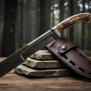 May include: A large, Damascus steel knife with a textured blade and a handle made of bone-colored material. The knife rests on a stack of stones next to a brown leather sheath. The background is a blurred forest scene.