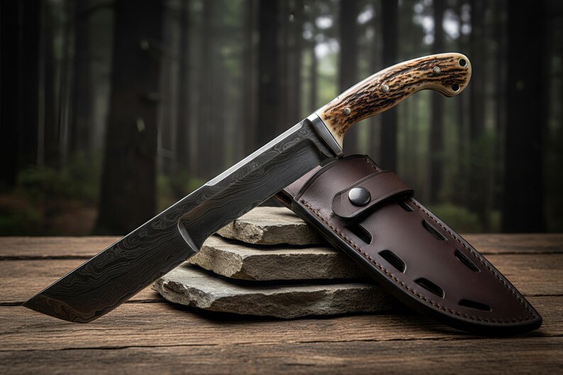 May include: A large, Damascus steel knife with a textured blade and a handle made of bone-colored material. The knife rests on a stack of stones next to a brown leather sheath. The background is a blurred forest scene.