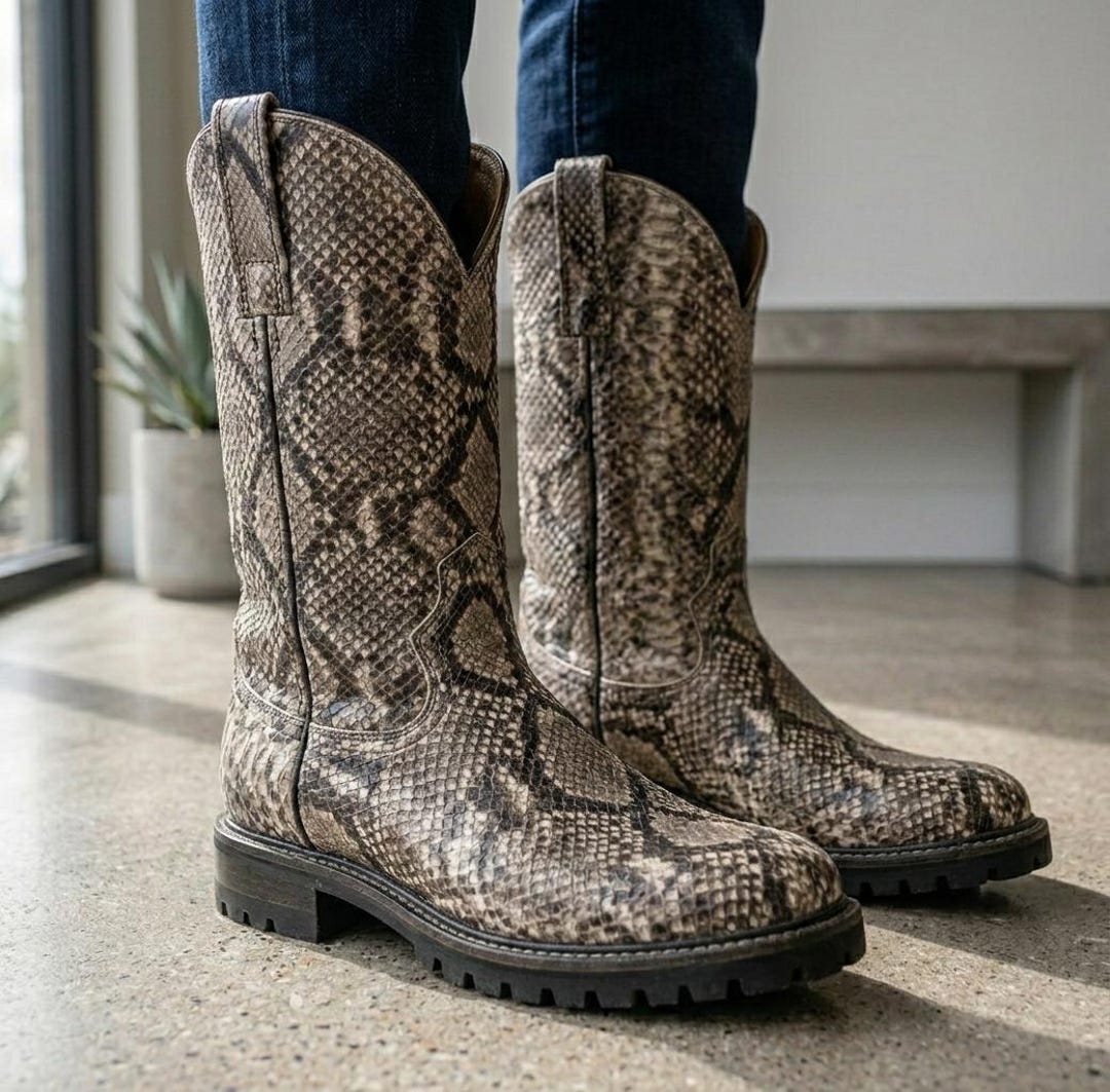 Python Leather Cowboy Boots for Men Luxury Snake Skin Western Boots ...