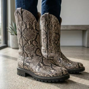 May include: A pair of tall, snakeskin-patterned cowboy boots. The boots have a neutral color palette of gray, brown, and black, with a textured appearance. They feature a rounded toe, a stacked heel, and a lug sole.