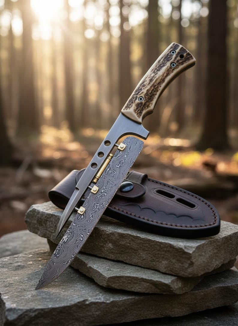 May include: A hunting knife with a patterned blade and a handle made of antler material. The knife is displayed on a stone surface with a brown leather sheath. The blade has a unique design with brass accents.