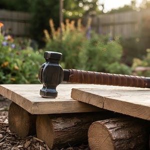 May include: A dark grey sledgehammer with a brown leather-wrapped handle rests on a wooden platform. The hammer is positioned outdoors, with a blurred background of greenery and sunlight.