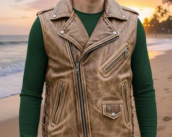 Mens Brown Cowhide Leather Biker Vest Handmade Motorcycle Vest Western Style