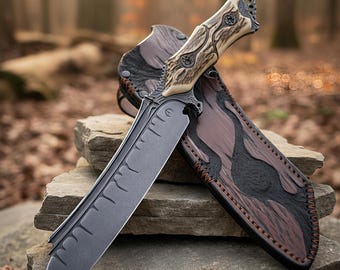 Hand Forged Carbon Steel Hunting Knife with Paduk Handle & Leather
