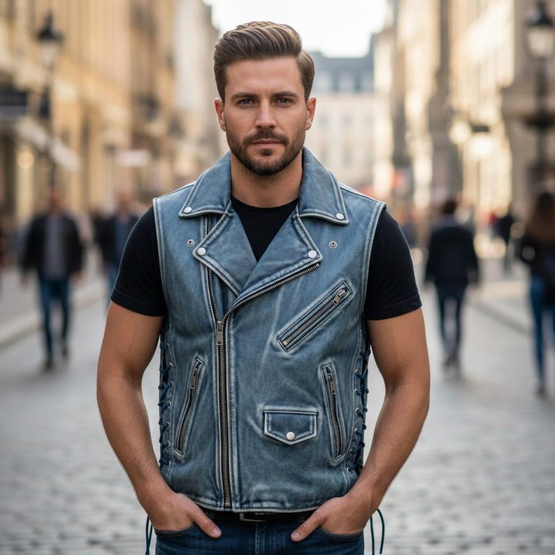 May include: A blue denim vest with a classic biker jacket design. The vest features a zip closure, multiple pockets, and a notched collar. The vest is worn over a black t-shirt. The vest has a distressed look.