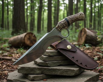 Cuchillo de caza artesanal de acero D2 con mango de asta. Cuchillo de supervivencia.