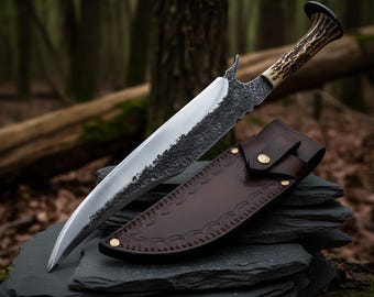 Handgjord Bowie-kniv i kolstål med hjorthorn | Fulltånge camping- och jaktknivar
