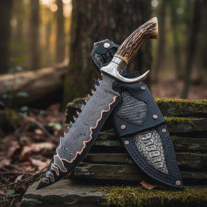 May include: A large hunting knife with a patterned blade and a copper-colored edge, resting in a black leather sheath. The handle is made of antler material. The knife is displayed on a stone surface in a forest setting.