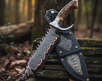 Handmade Damascus Karambit Knife with Stag Handle | Outdoor Camping Collector Knives