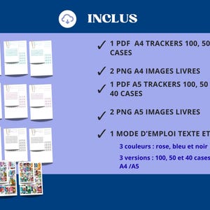 Pode incluir: Detalhes do produto de planejador digital em fundo azul. Inclui arquivos PDF e PNG para tamanhos A4 e A5, com op&ccedil;&otilde;es de 100, 50 e 40 caixas. Dispon&iacute;vel em rosa, azul e preto. A imagem tamb&eacute;m inclui a palavra "INCLUS".