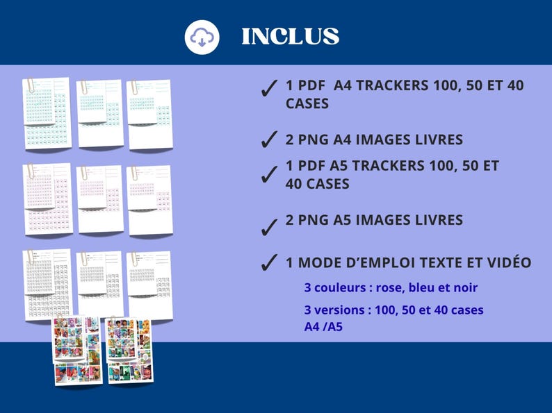 Pode incluir: Detalhes do produto de planejador digital em fundo azul. Inclui arquivos PDF e PNG para tamanhos A4 e A5, com op&ccedil;&otilde;es de 100, 50 e 40 caixas. Dispon&iacute;vel em rosa, azul e preto. A imagem tamb&eacute;m inclui a palavra "INCLUS".