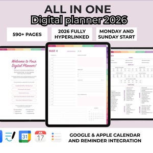 Peut inclure: Planificateur numérique 2026 affiché sur trois tablettes. Le planificateur comprend plus de 590 pages, est entièrement hyperlié et commence le lundi et le dimanche. Il s'intègre aux calendriers Google et Apple. Le texte "Welcome to Your Digital Planner!" est visible.