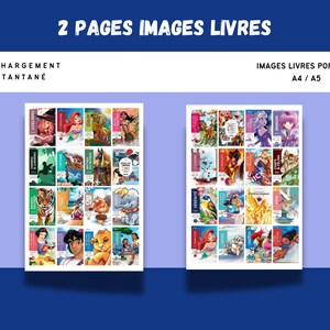 Pode incluir: Duas p&aacute;ginas de livros ilustrados exibem v&aacute;rias capas coloridas com personagens e t&iacute;tulos. O texto "2 PAGES IMAGES LIVRES" est&aacute; no topo. As palavras "T&Eacute;L&Eacute;CHARGEMENT INSTANTAN&Eacute;" e "IMAGES LIVRES PORTRAIT A4 / A5" tamb&eacute;m s&atilde;o vis&iacute;veis.