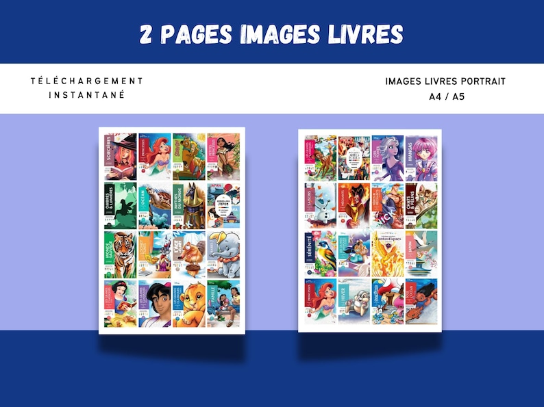 Pode incluir: Duas p&aacute;ginas de livros ilustrados exibem v&aacute;rias capas coloridas com personagens e t&iacute;tulos. O texto "2 PAGES IMAGES LIVRES" est&aacute; no topo. As palavras "T&Eacute;L&Eacute;CHARGEMENT INSTANTAN&Eacute;" e "IMAGES LIVRES PORTRAIT A4 / A5" tamb&eacute;m s&atilde;o vis&iacute;veis.