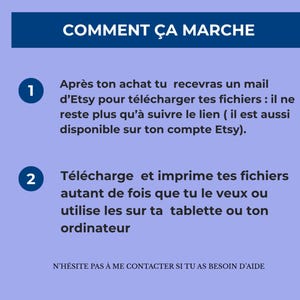 Pode incluir: Gr&aacute;fico lil&aacute;s claro com o texto "COMMENT &Ccedil;A MARCHE" em uma faixa azul escura. A imagem fornece instru&ccedil;&otilde;es sobre como baixar e usar arquivos ap&oacute;s a compra, com etapas numeradas e texto adicional.