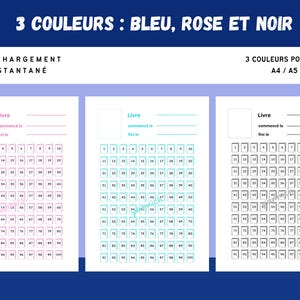 Pode incluir: Tr&ecirc;s rastreadores de livros imprim&iacute;veis em azul, rosa e preto. Cada rastreador tem 100 caixas numeradas para rastrear o progresso da leitura, com espa&ccedil;o para escrever o t&iacute;tulo do livro e as datas de in&iacute;cio/fim. O texto "3 COULEURS: BLEU, ROSE ET NOIR" est&aacute; no topo.