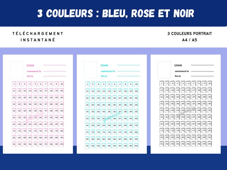 Pode incluir: Tr&ecirc;s rastreadores de livros imprim&iacute;veis em azul, rosa e preto. Cada rastreador tem 100 caixas numeradas para rastrear o progresso da leitura, com espa&ccedil;o para escrever o t&iacute;tulo do livro e as datas de in&iacute;cio/fim. O texto "3 COULEURS: BLEU, ROSE ET NOIR" est&aacute; no topo.