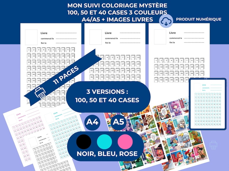 Pode incluir: Livro de colorir digital com o texto "MON SUIVI COLORIAGE MYST&Egrave;RE" e "100, 50 ET 40 CASES 3 COULEURS". Inclui tamanhos A4/A5, 11 p&aacute;ginas e tr&ecirc;s op&ccedil;&otilde;es de cores: preto, azul e rosa. Apresenta imagens e modelos de livros.