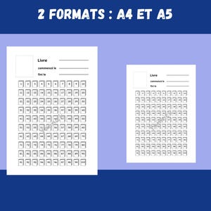 Pode incluir: Duas folhas de papel branco com uma grelha de acompanhamento de leitura, rotuladas como "Livre" e "2 FORMATS: A4 ET A5" em franc&ecirc;s. A folha maior tem 100 caixas, a menor tem 100 caixas. O fundo &eacute; azul.