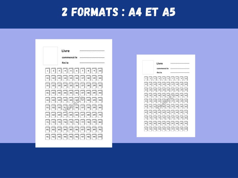 Pode incluir: Duas folhas de papel branco com uma grelha de acompanhamento de leitura, rotuladas como "Livre" e "2 FORMATS: A4 ET A5" em franc&ecirc;s. A folha maior tem 100 caixas, a menor tem 100 caixas. O fundo &eacute; azul.
