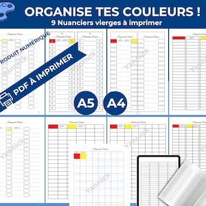 Peut inclure: Planches de couleurs numériques imprimables avec le texte "ORGANISE TES COULEURS!" et "9 Nuanciers vierges à imprimer". Les planches sont disponibles en formats A5 et A4. Le produit est un PDF à imprimer.