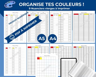 Tabelas de Cores Imprimíveis em PDF | 9 Tabelas de Cores A4 e A5 | Amostras de Cores para Lápis de Cor, Marcadores e Canetas em Gel | Download Imediato