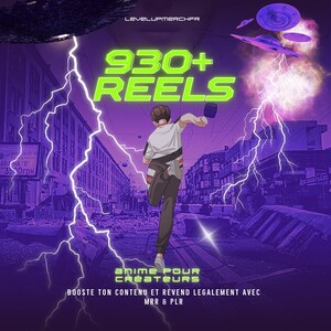 Peut inclure: Illustration numérique avec un fond violet et noir, représentant un personnage d'anime en course. Le texte "930+ REELS" est en vert. Le texte supplémentaire comprend "anime POUR CRÉATEURS" et "BOOSTE TON CONTENU ET REVEND LEGALEMENT AVEC MRR & PLR".