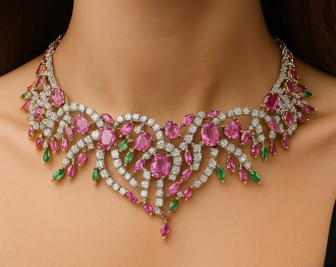 Featured listing image: Luxury 18K White Gold Pink Sapphire, Emerald & Diamond Necklace | Handmade Fine Jewelry | Natural Gemstone Statement Necklace | Bridal, poison