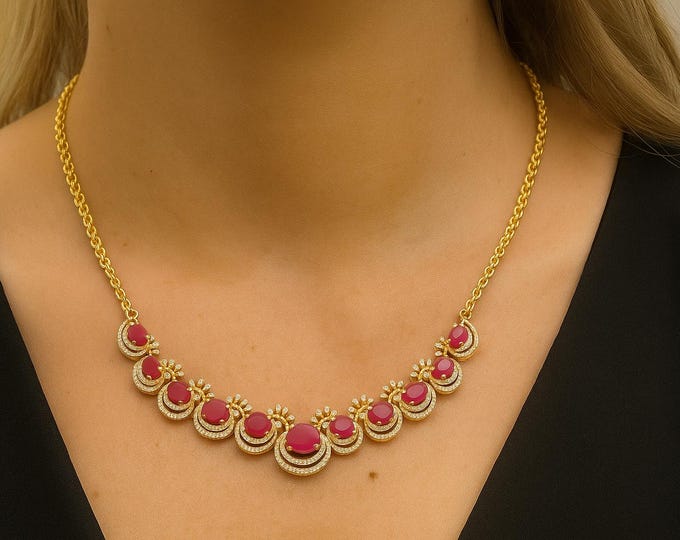 Featured listing image: 2.60 Carat Round Brilliant Cut Natural Diamond & Ruby Necklace in 18K Yellow Gold | Luxury Fine Jewelry Handmade Gemstone Statement Necklace