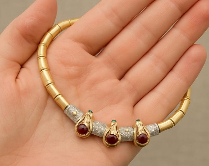 Featured listing image: 18K Yellow Gold Diamond Ruby & Emerald Collar Necklace | Fancy Designer Statement Choker | Genuine Gemstone Gold Necklace Fine Jewelry Gift