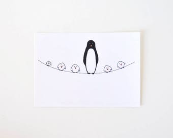 Whimsical Penguin Drawing - Cute Simple Bird Art Print - Bird on a Wire