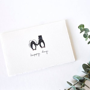 Cute Wedding Card Simple Penguin Bride and Groom Drawing Happy Day Penguins image 1