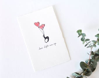 Cute Love Card Valentine - Simple Penguin Drawing with Heart Balloons - Love Lifts Me Up