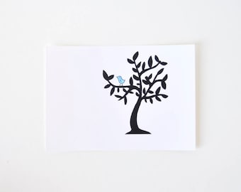 Simple Bird in Tree Drawing - Cute Black and White Limited Edition Art Print - Bluebird of Happiness
