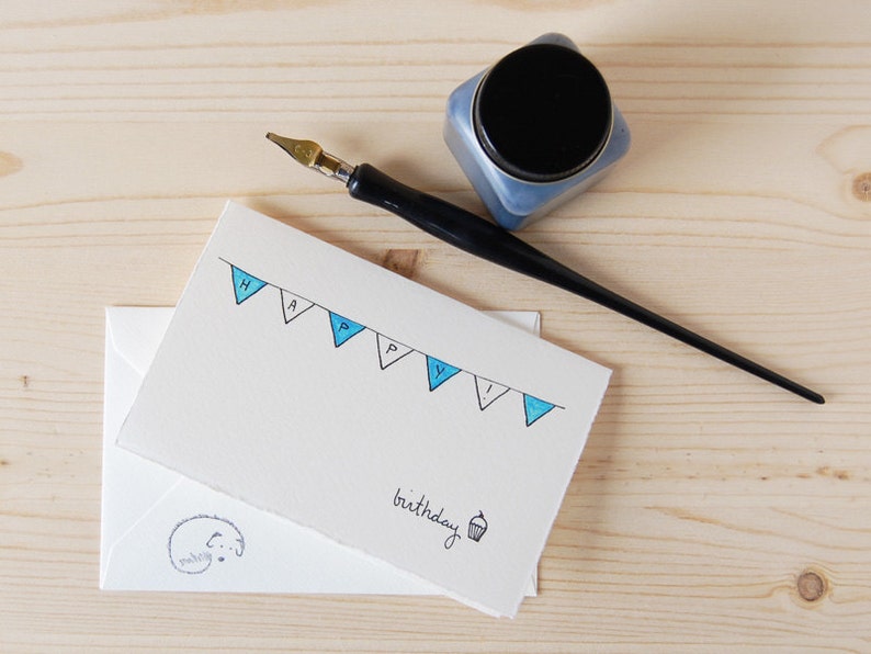Cute Birthday Card Simple Bunting And Cupcake Drawing Etsy