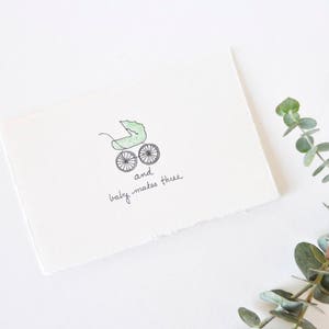 Cute Baby Shower Card Congratulations Baby Carriage Baby Makes Three image 1