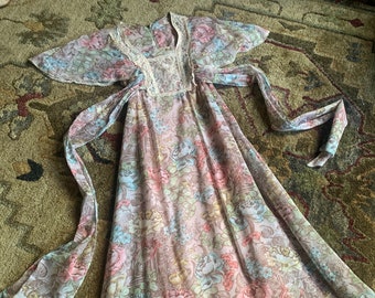 Dreamy Sheer Floral Maxi Dress | Lace Bib Detail | Flutter Sleeves Large Hem Ruffle | Wide Side Ties| Fully Lined | 1970s | Boho