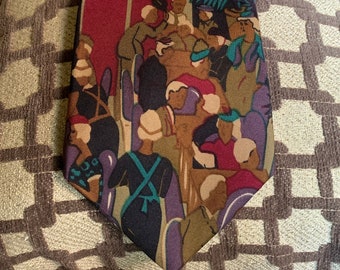 Novelty Print Cafe Society Scene Tue | Cambridge Classics by Mervyns | 100% Italian Silk | Decorative Tie | Unique Neckwear