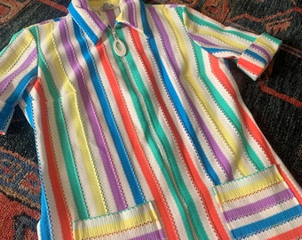 Rainbow Striped Zippered Top by Pykettes | Short Sleeves with Cuffs | Tear Drop Zipper Pull | Side Slits | Front Pockets | Pointed Collar