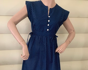 Blue White Polka Dot Dress | by Mainberry Inc. | Front Pearl Buttons | Side Ties | Semi-Sheer | Polyester and Cotton | Breezy Summer Style