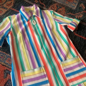 Rainbow Striped Zippered Top by Pykettes Short Sleeves with Cuffs Tear Drop Zipper Pull Side Slits Front Pockets Pointed Collar image 1