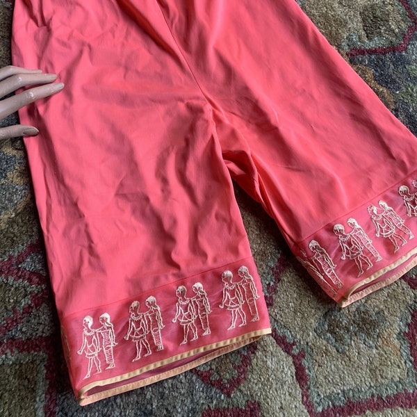 Coral Colored Pettipants | 1960s Lingerie | Gold Embroidered Egyptian Figures | Hieroglyphics | Rare Novelty Lingerie