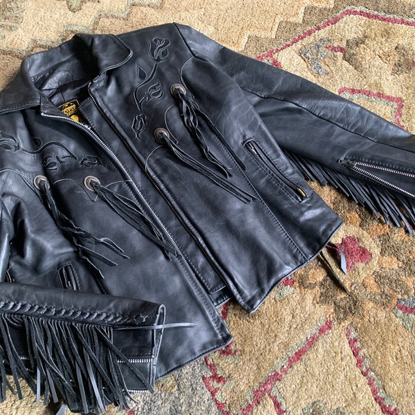 Exceptional Black Leather Jacket by Gypsy Leather | Inlaid Rose Pattern | Silvertone Conchos | Shoulder Pads | Braiding | Never Worn | Sz 14