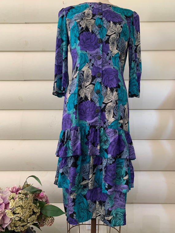 Purple and Turquoise Blue Floral Print Rayon Dres… - image 2