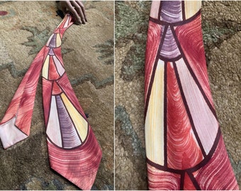 Customcraft Hand Painted Tie | Hand Tailored | Abstract Triangle Print | Mauve Yellow Purple | Rockabilly Swing Viva Las Vegas | 1940s Rare