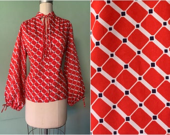 Long Bulbous Sleeve Polyester Shirt | 1970s Lee Mar Ultressa by Klopman | Red White and Blue Geometric Print