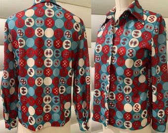 Penguins Holding Hands Novelty Print Blouse | Devon | Dacron Polyester | Turquoise Red and Cream | Circles | Straight Hem | Pointed Collar