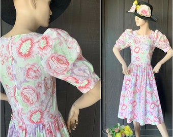 Shabby Chic Laura Ashley Flower Print Dress | Poufy Sleeves | Drop Waist | 1980s  Fashion | Romantic | Garden Party | Country Floral | Small