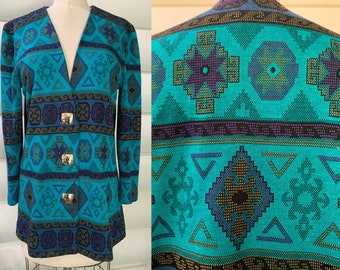 1980s Turquoise Tribal Print Jacket | Lady Carol of New York | Square Metal Buttons | Gold Metallic Threads | Collarless | Excellent | 1980s